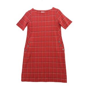 J. Jill Ponte Knit Red Plaid Sheath Dress‎ Womens XS Petite Short Sleeve Button